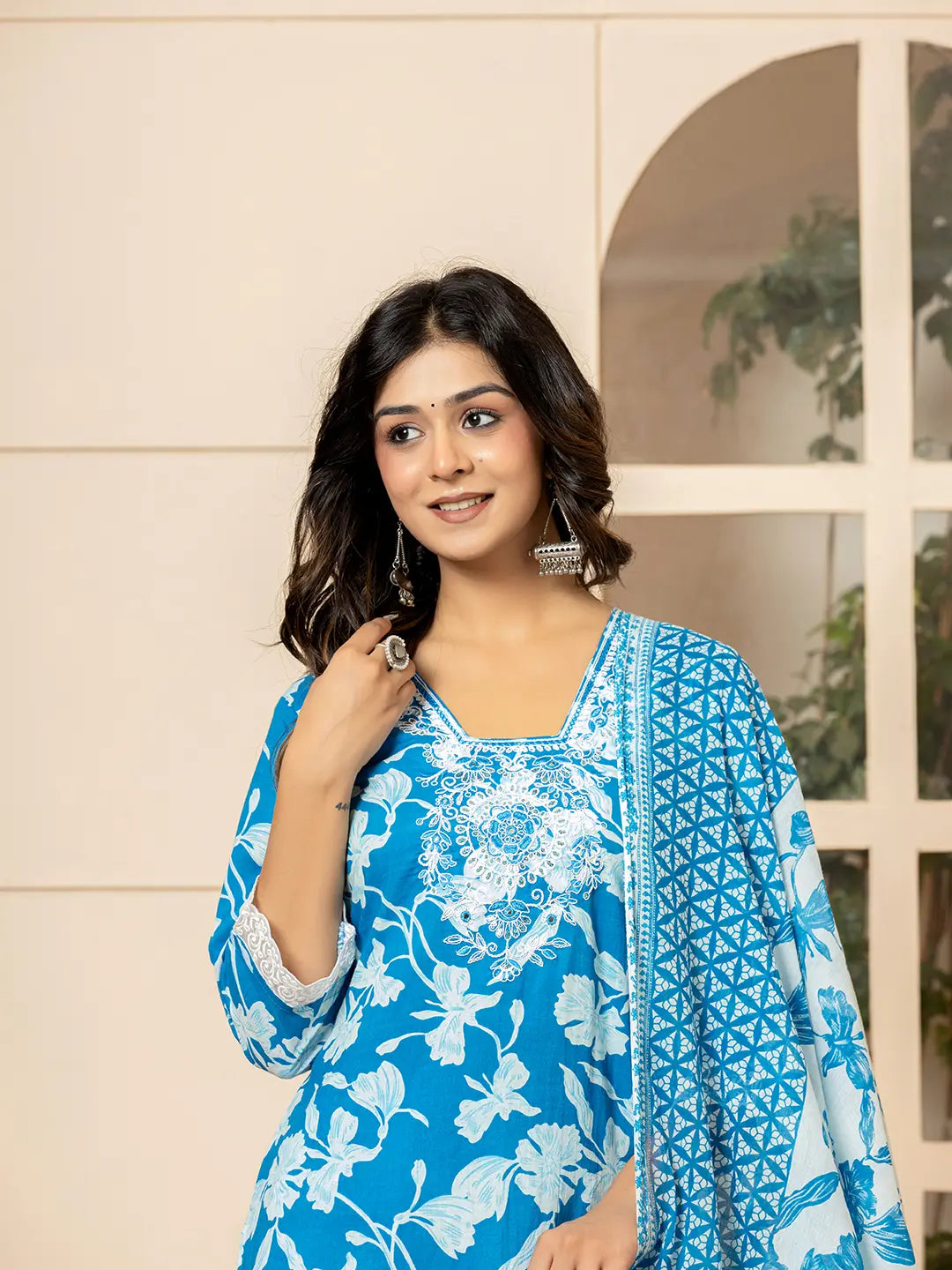 Yufta Blue Embroidery Cotton Straight Kurta Dupatta Set