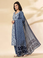 Thumbnail for Yufta Blue Floral Sequins-Work Pure Cotton Kurta Dupatta Pant Set
