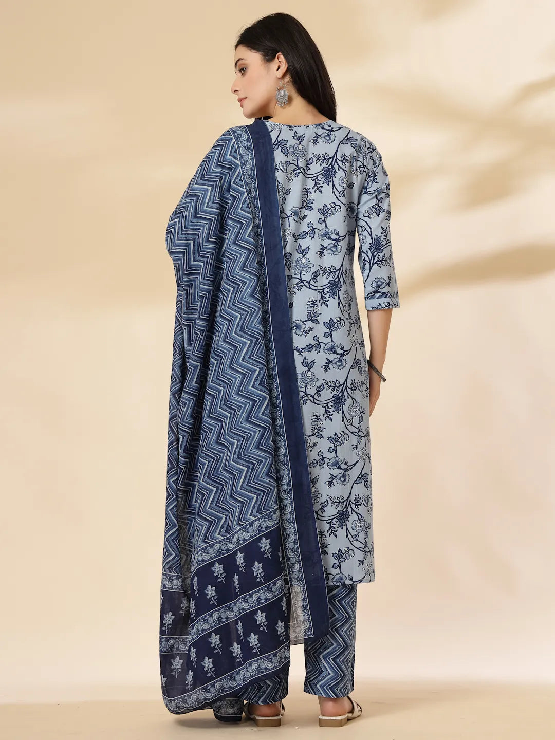 Yufta Blue Floral Sequins-Work Pure Cotton Kurta Dupatta Pant Set