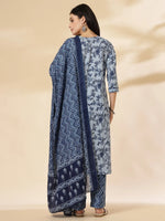 Thumbnail for Yufta Blue Floral Sequins-Work Pure Cotton Kurta Dupatta Pant Set