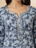 Thumbnail for Yufta Blue Floral Sequins-Work Pure Cotton Kurta Dupatta Pant Set