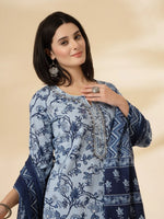 Thumbnail for Yufta Blue Floral Sequins-Work Pure Cotton Kurta Dupatta Pant Set