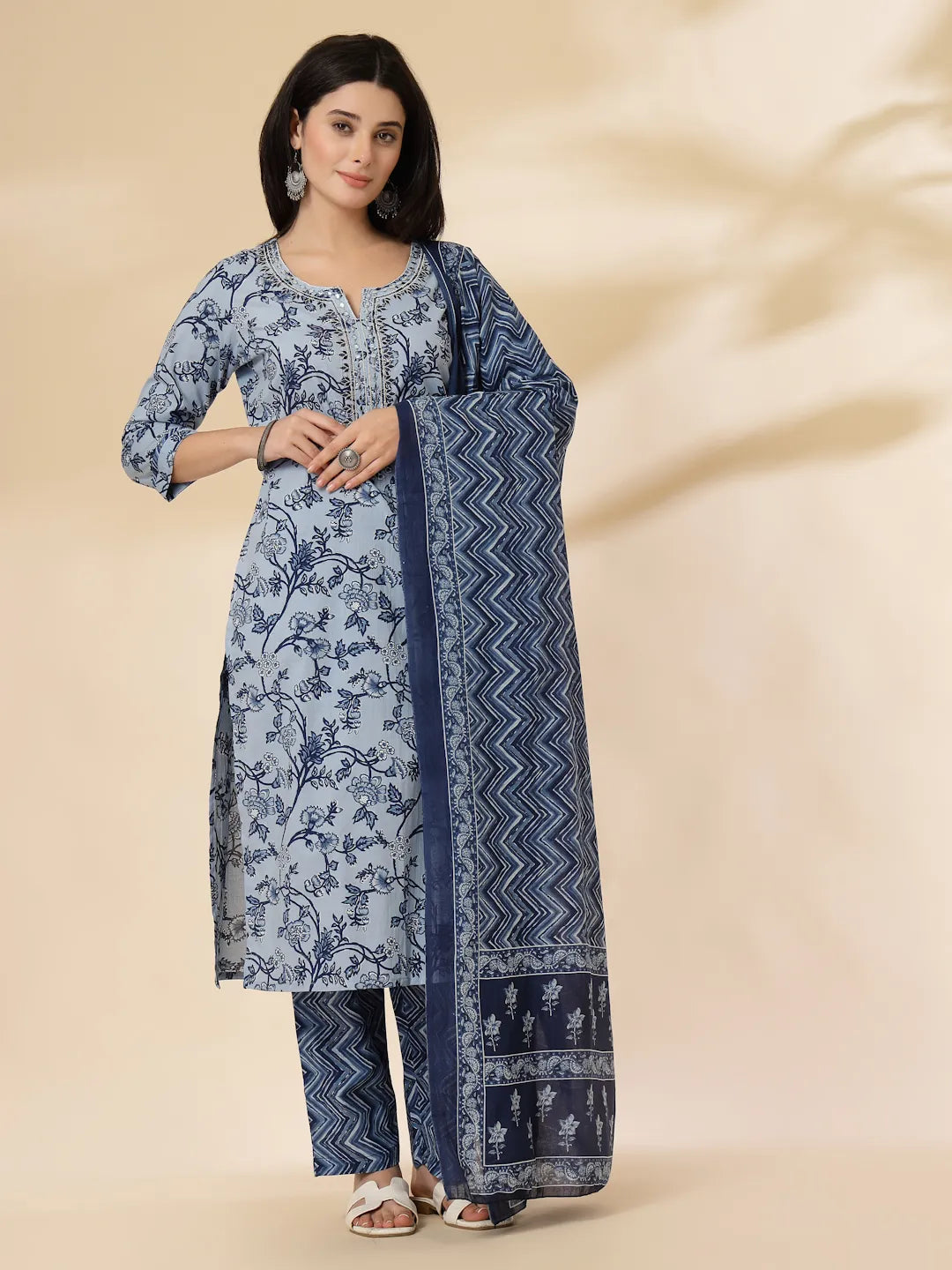 Yufta Blue Floral Sequins-Work Pure Cotton Kurta Dupatta Pant Set - Distacart