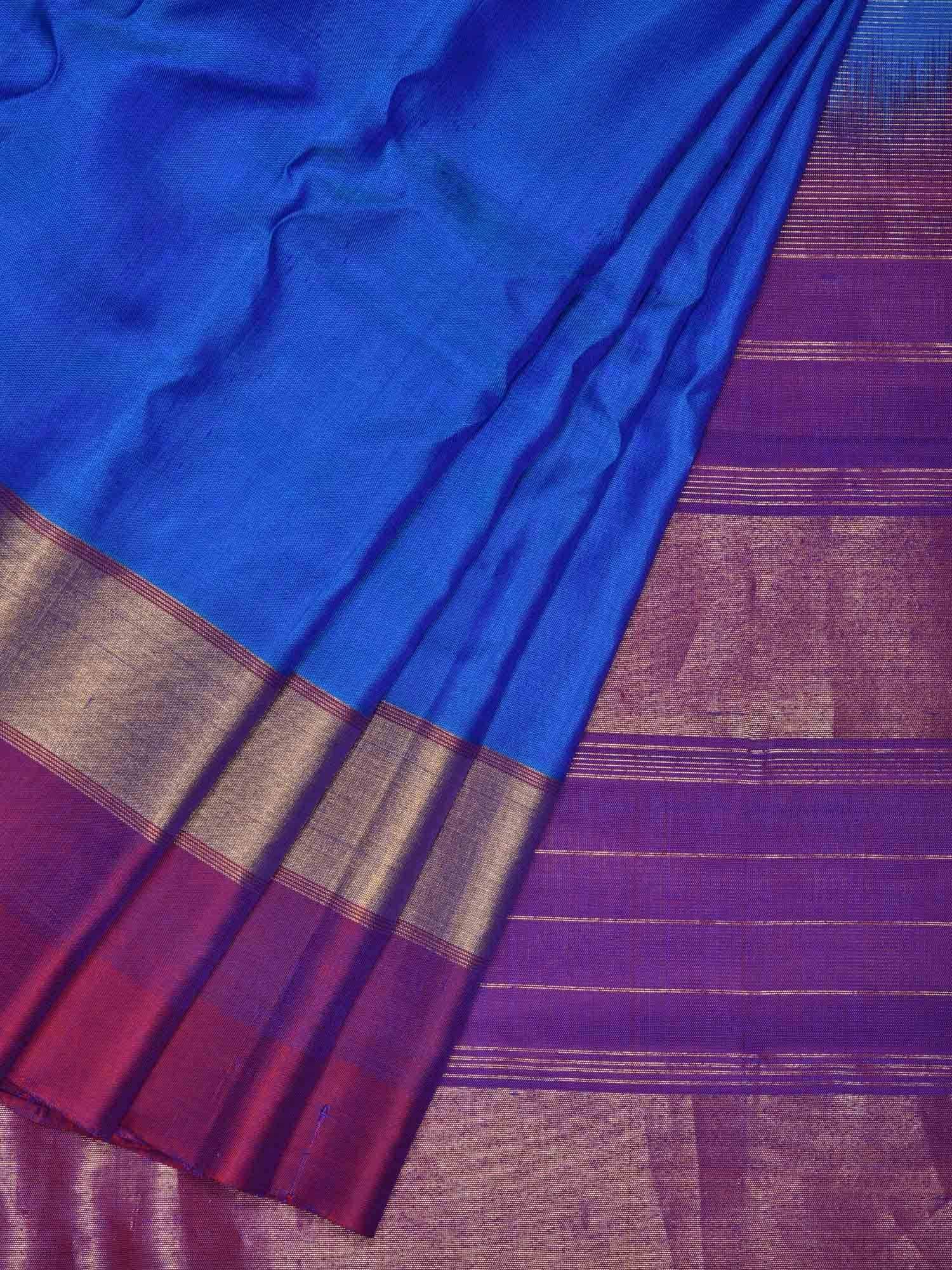 Blue Gadwal Silk Handloom Saree with Strips Border Design - Global Threads - Distacart