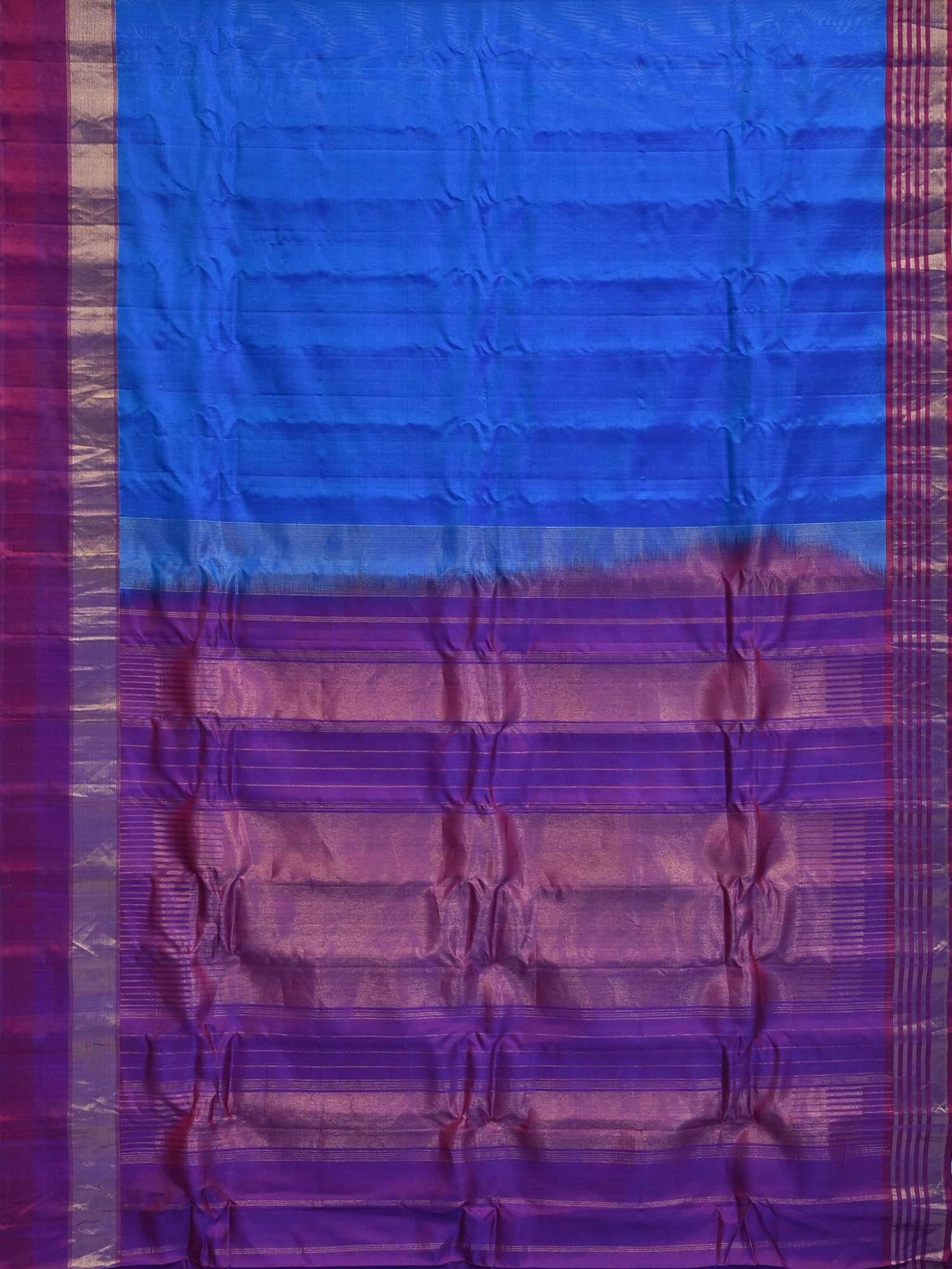 Blue Gadwal Silk Handloom Saree with Strips Border Design - Global Threads - Distacart