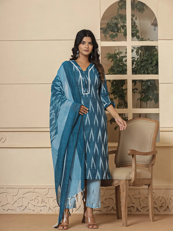 Yufta Blue Ikat Print Straight Strappy Kurta Trouser And Dupatta Set