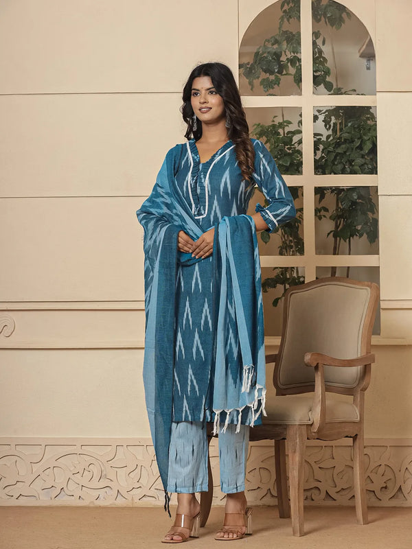 Yufta Blue Ikat Print Straight Strappy Kurta Trouser And Dupatta Set