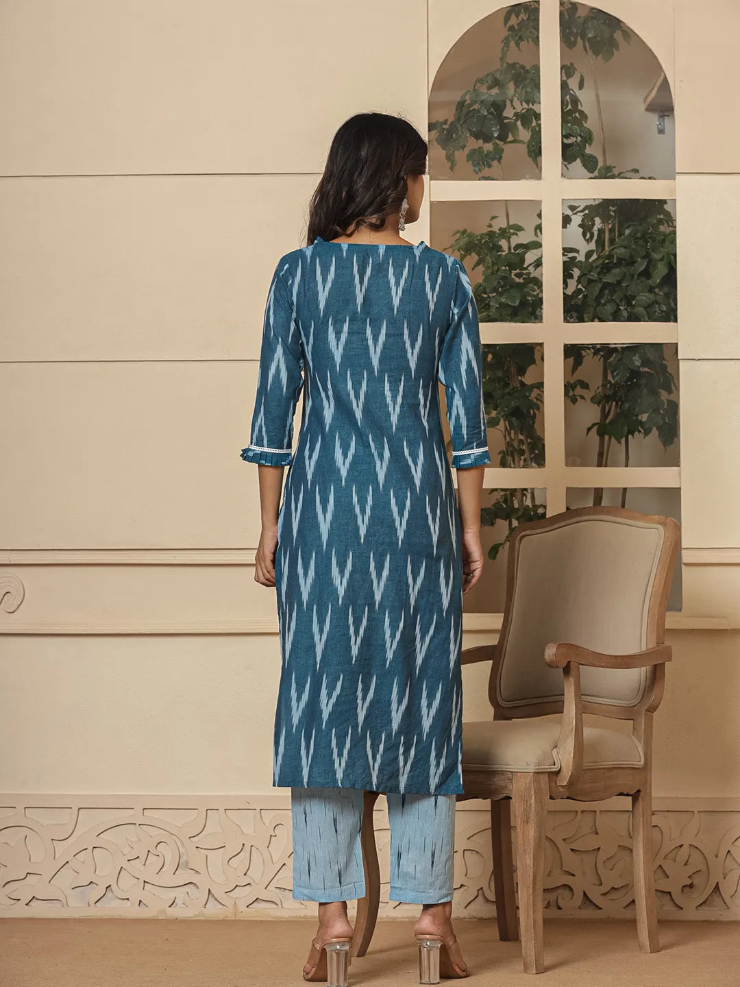 Yufta Blue Ikat Print Straight Strappy Kurta Trouser And Dupatta Set