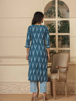 Thumbnail for Yufta Blue Ikat Print Straight Strappy Kurta Trouser And Dupatta Set
