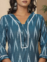 Thumbnail for Yufta Blue Ikat Print Straight Strappy Kurta Trouser And Dupatta Set