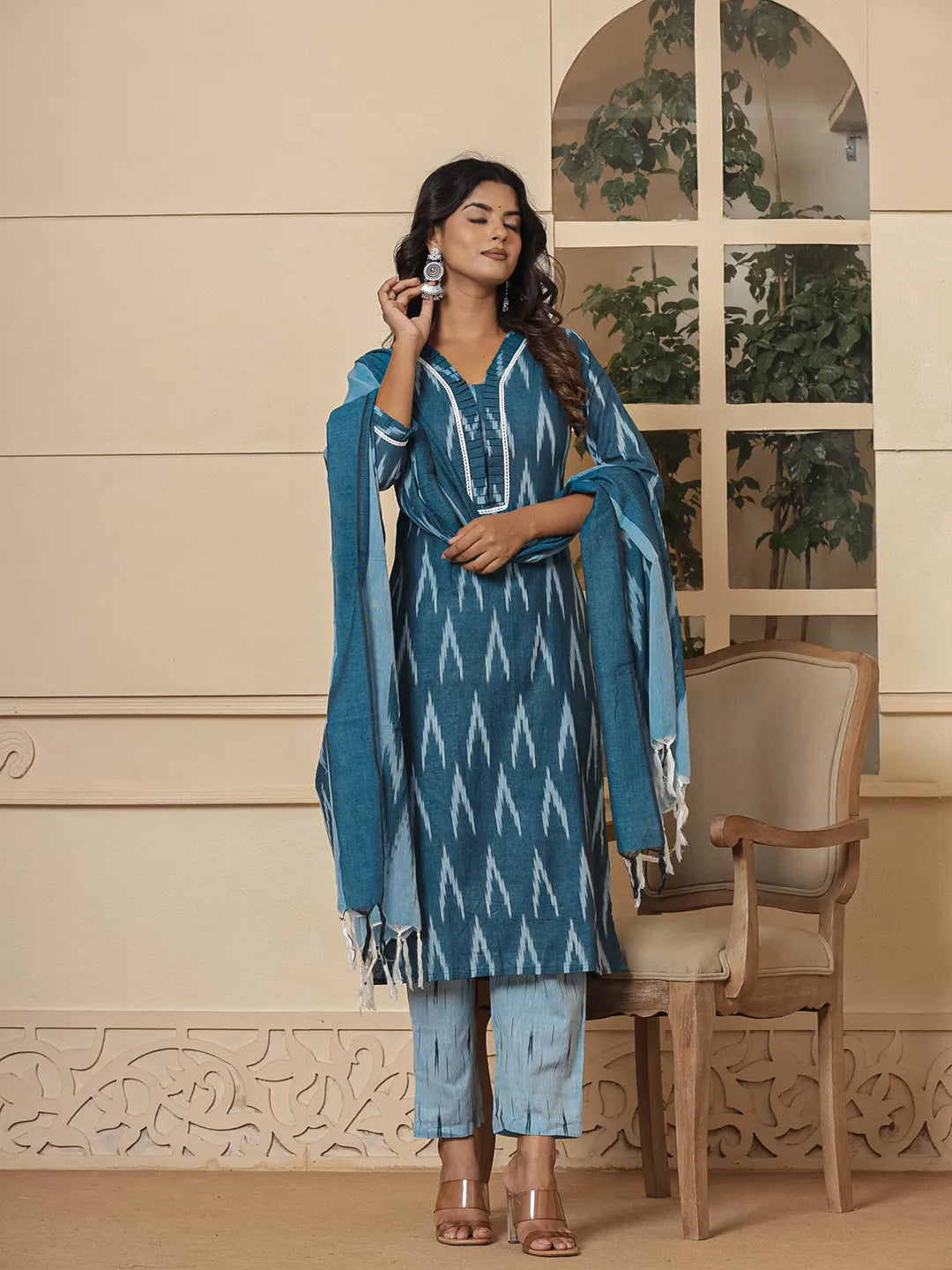 Yufta Blue Ikat Print Straight Strappy Kurta Trouser And Dupatta Set