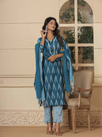 Thumbnail for Yufta Blue Ikat Print Straight Strappy Kurta Trouser And Dupatta Set
