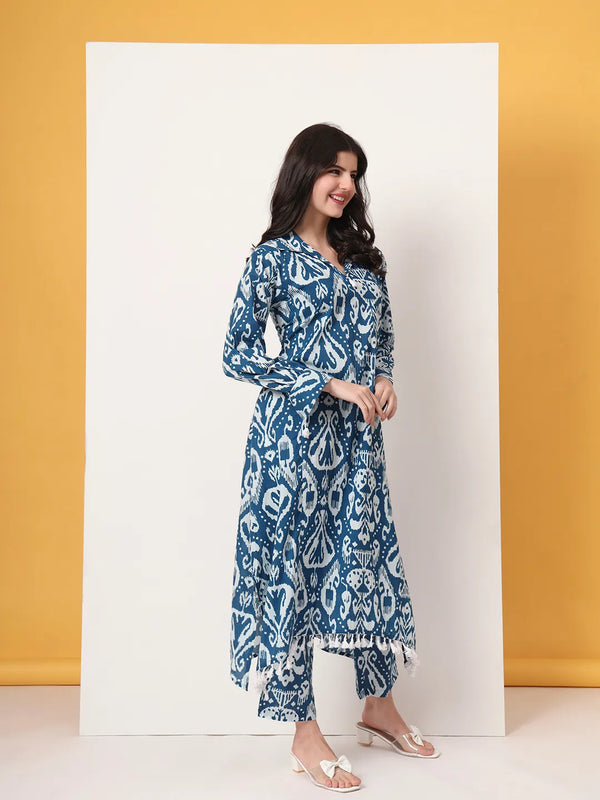 Yufta Blue Ikat Pure Cotton High Low Cord Set