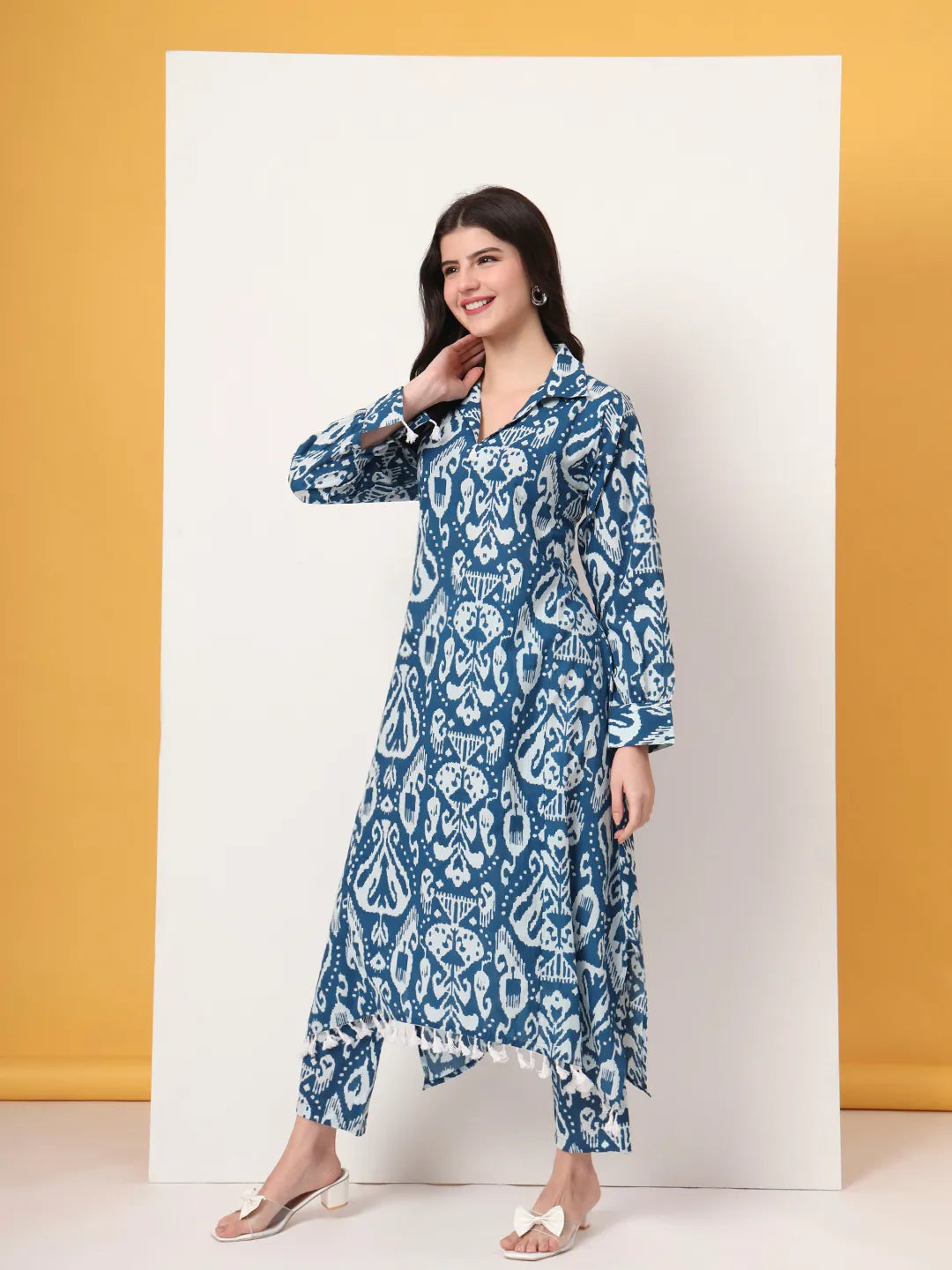 Yufta Blue Ikat Pure Cotton High Low Cord Set