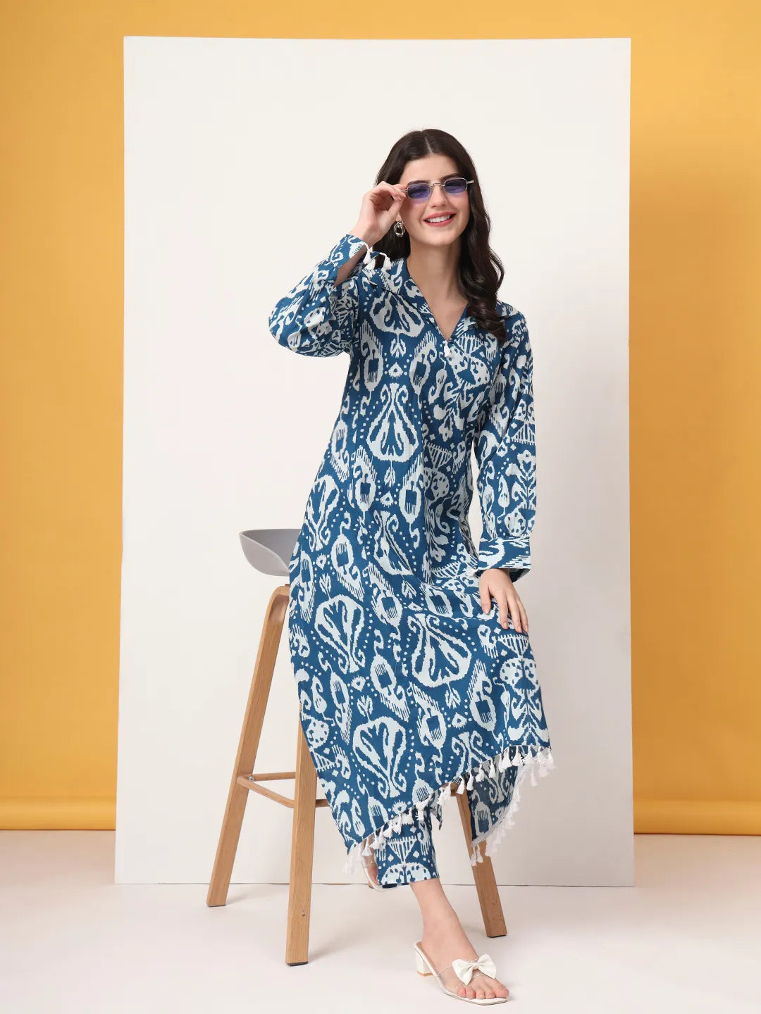 Yufta Blue Ikat Pure Cotton High Low Cord Set