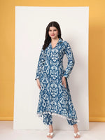Thumbnail for Yufta Blue Ikat Pure Cotton High Low Cord Set