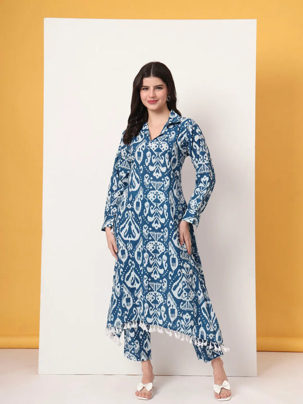 Yufta Blue Ikat Pure Cotton High Low Cord Set
