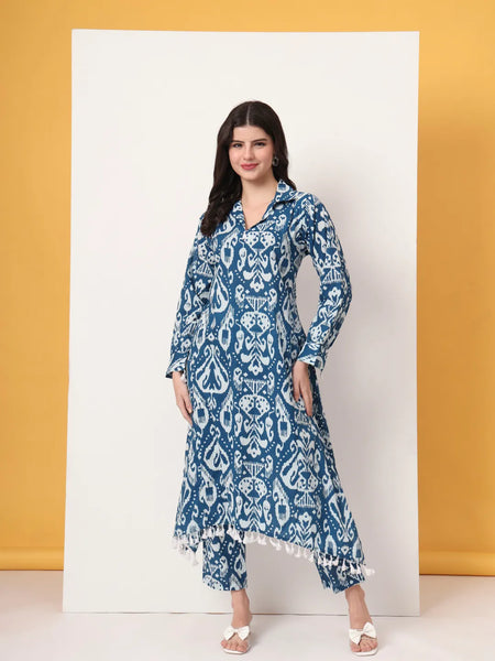 Yufta Blue Ikat Pure Cotton High Low Cord Set