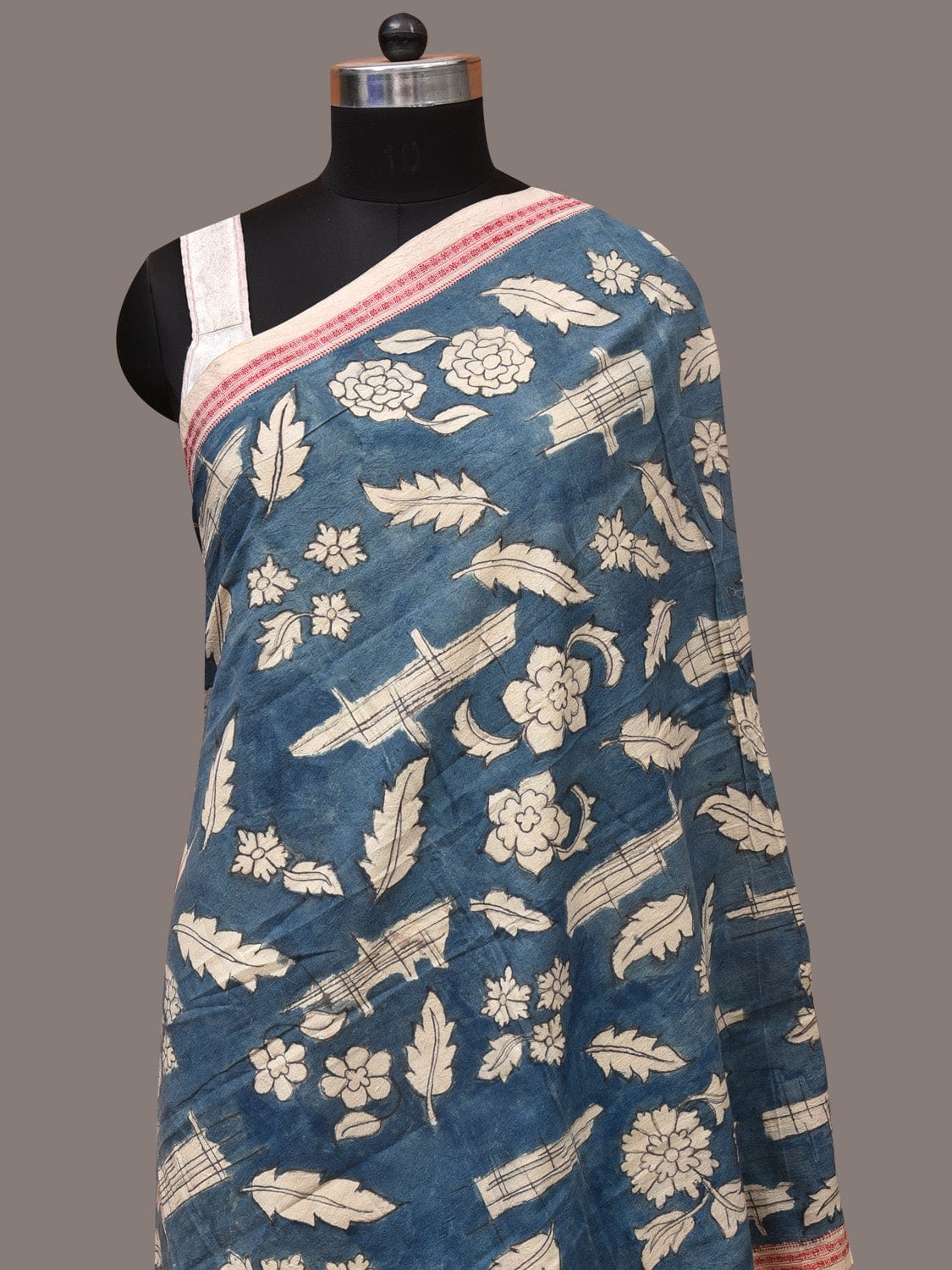 Blue Kalamkari Hand Painted Cotton Handloom Dupatta with Leaves and Doby Border Design - Global Threads - Distacart