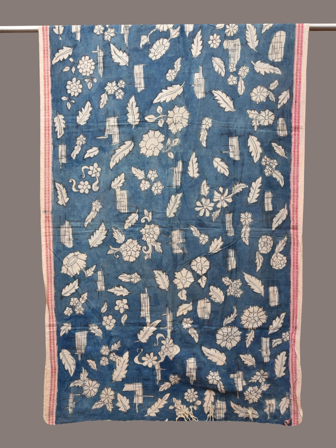 Blue Kalamkari Hand Painted Cotton Handloom Dupatta with Leaves and Doby Border Design - Global Threads - Distacart