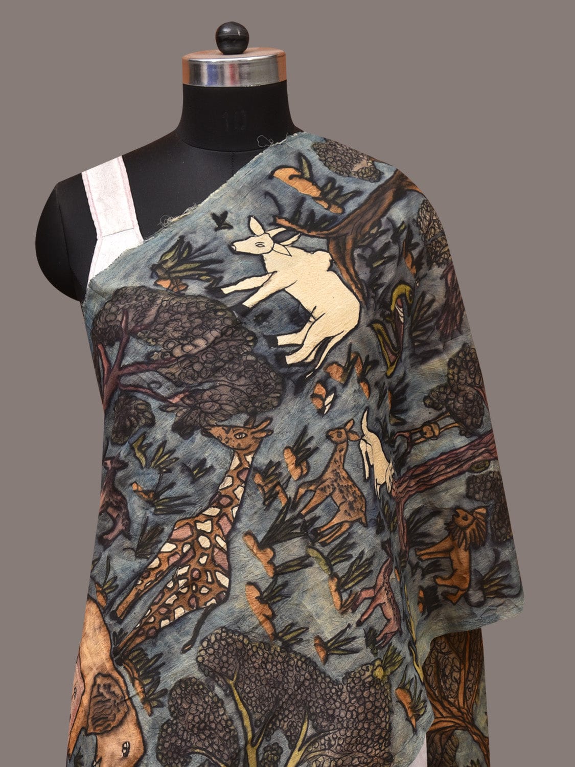 Blue Kalamkari Hand Painted Sico Stole with Animals Design - Global Threads - Distacart