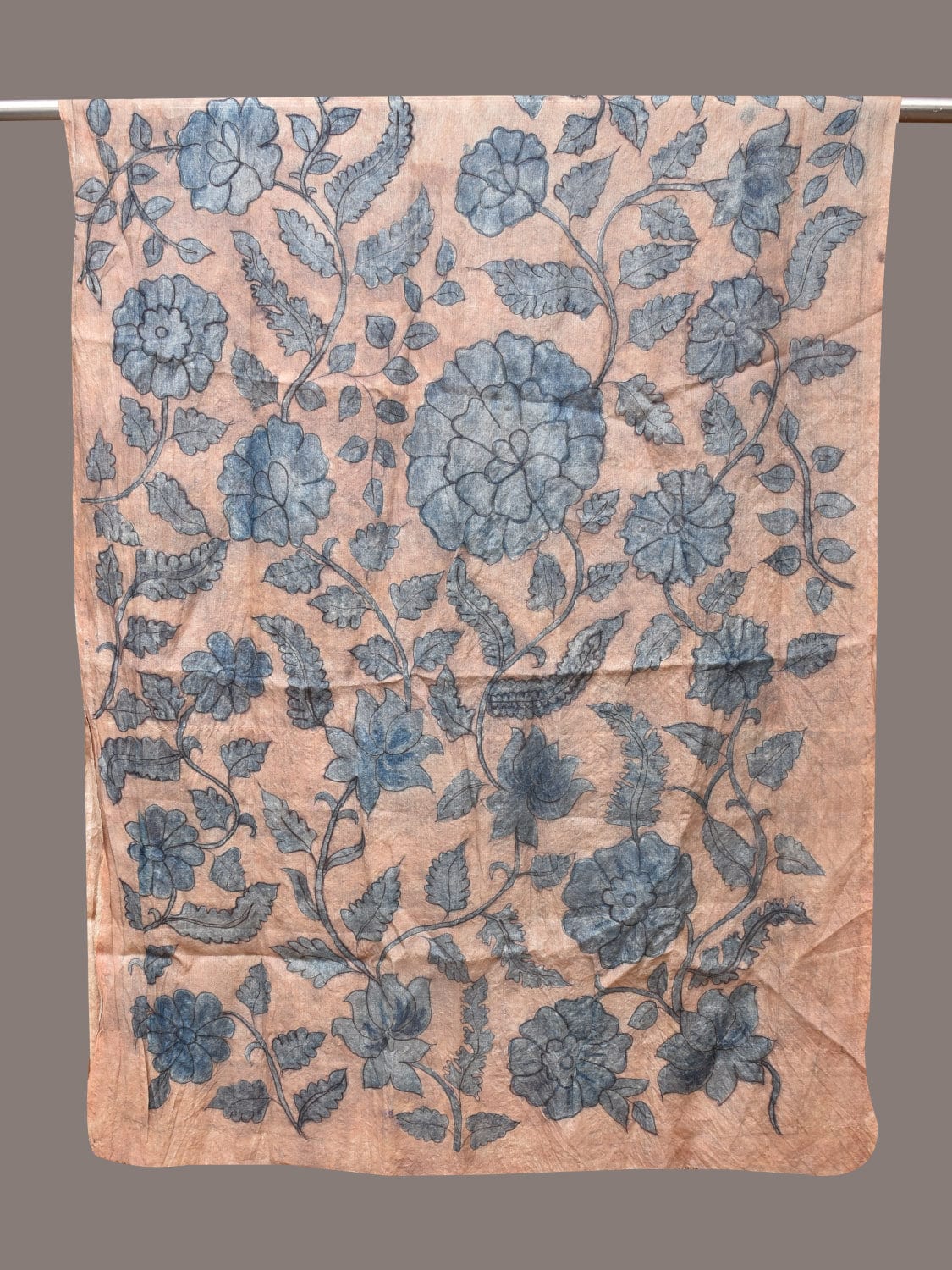 Blue Kalamkari Hand Painted Tussar Dupatta with Floral Design - Global Threads - Distacart
