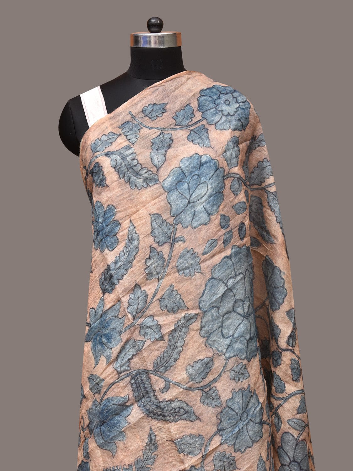 Blue Kalamkari Hand Painted Tussar Dupatta with Floral Design - Global Threads - Distacart