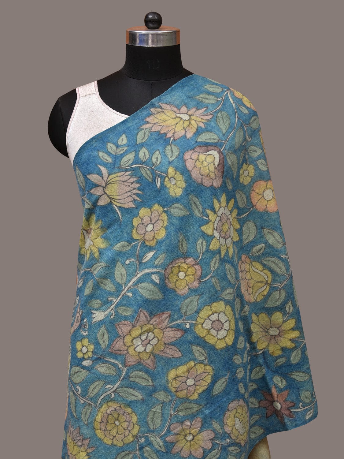 Blue Kalamkari Hand Painted Woolen Handloom Dupatta with Floral and Peacock Design - Global Threads - Distacart
