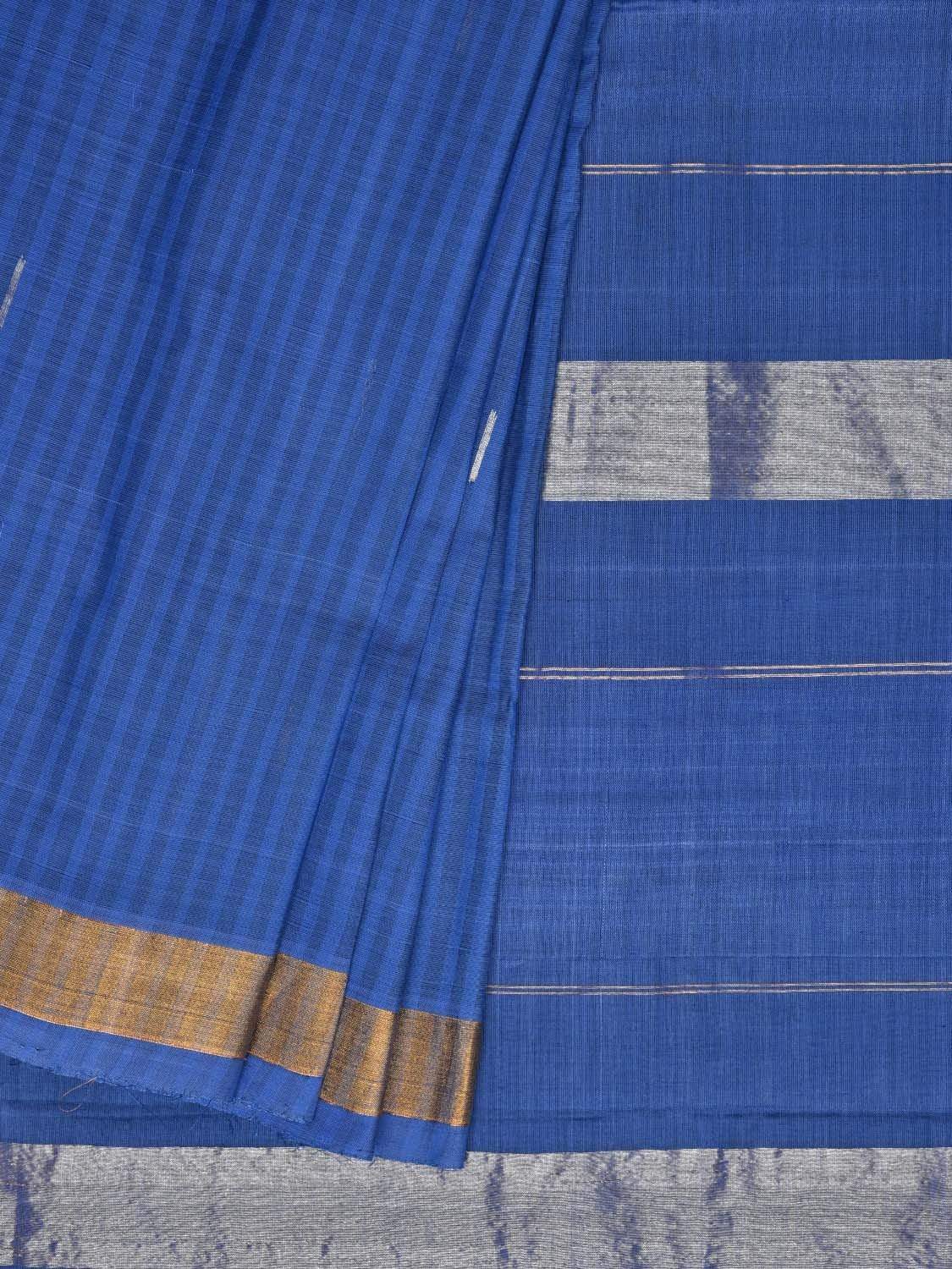 Blue Khadi Cotton Handloom Saree with Zari Strips Design - Global Threads - Distacart