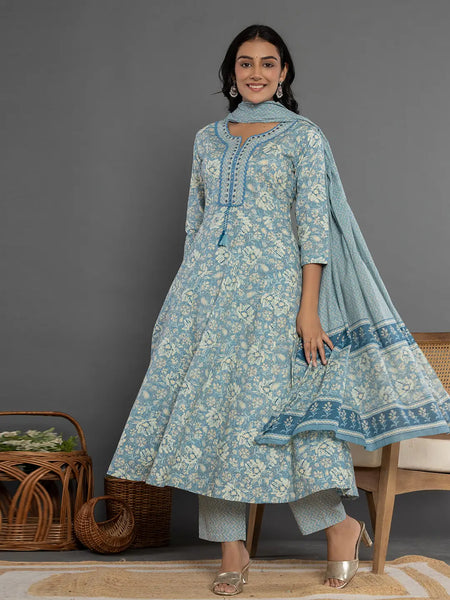 Yufta Blue Mirror_Work Cotton Anarkali Kurta Duppta Set