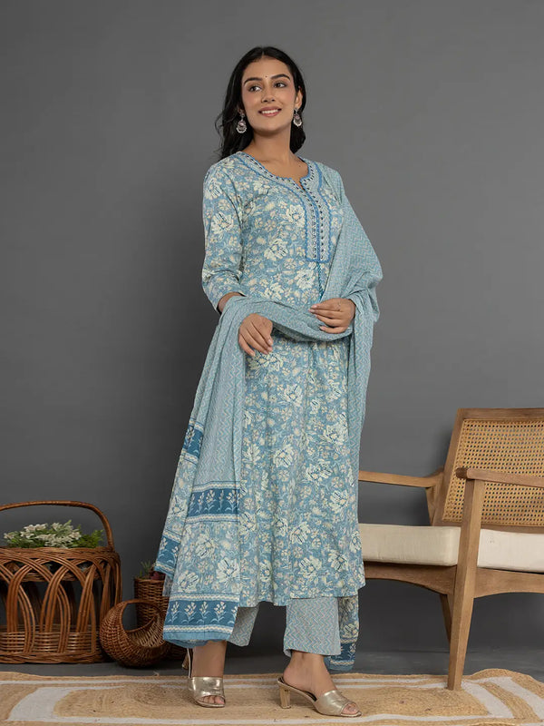 Yufta Blue Mirror_Work Cotton Anarkali Kurta Duppta Set