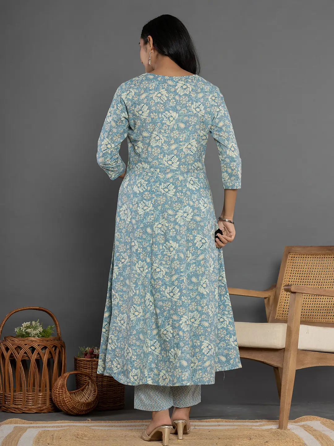 Yufta Blue Mirror_Work Cotton Anarkali Kurta Duppta Set