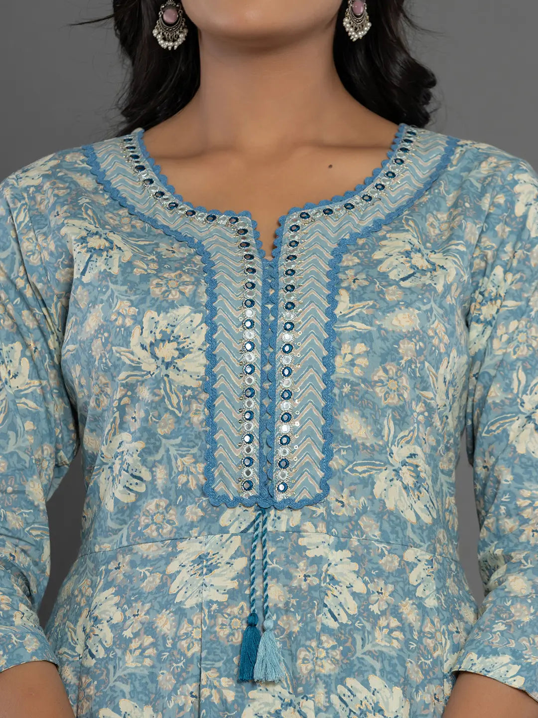 Yufta Blue Mirror_Work Cotton Anarkali Kurta Duppta Set