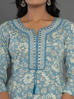 Thumbnail for Yufta Blue Mirror_Work Cotton Anarkali Kurta Duppta Set