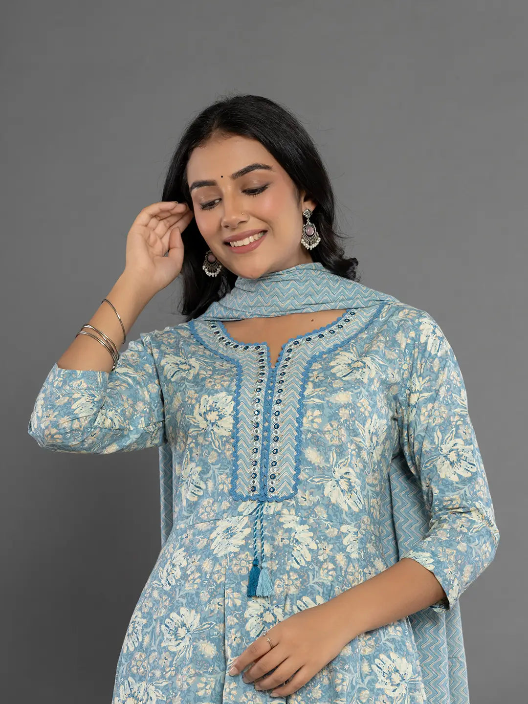 Yufta Blue Mirror_Work Cotton Anarkali Kurta Duppta Set