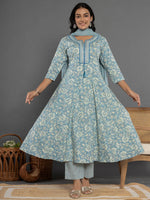 Thumbnail for Yufta Blue Mirror_Work Cotton Anarkali Kurta Duppta Set