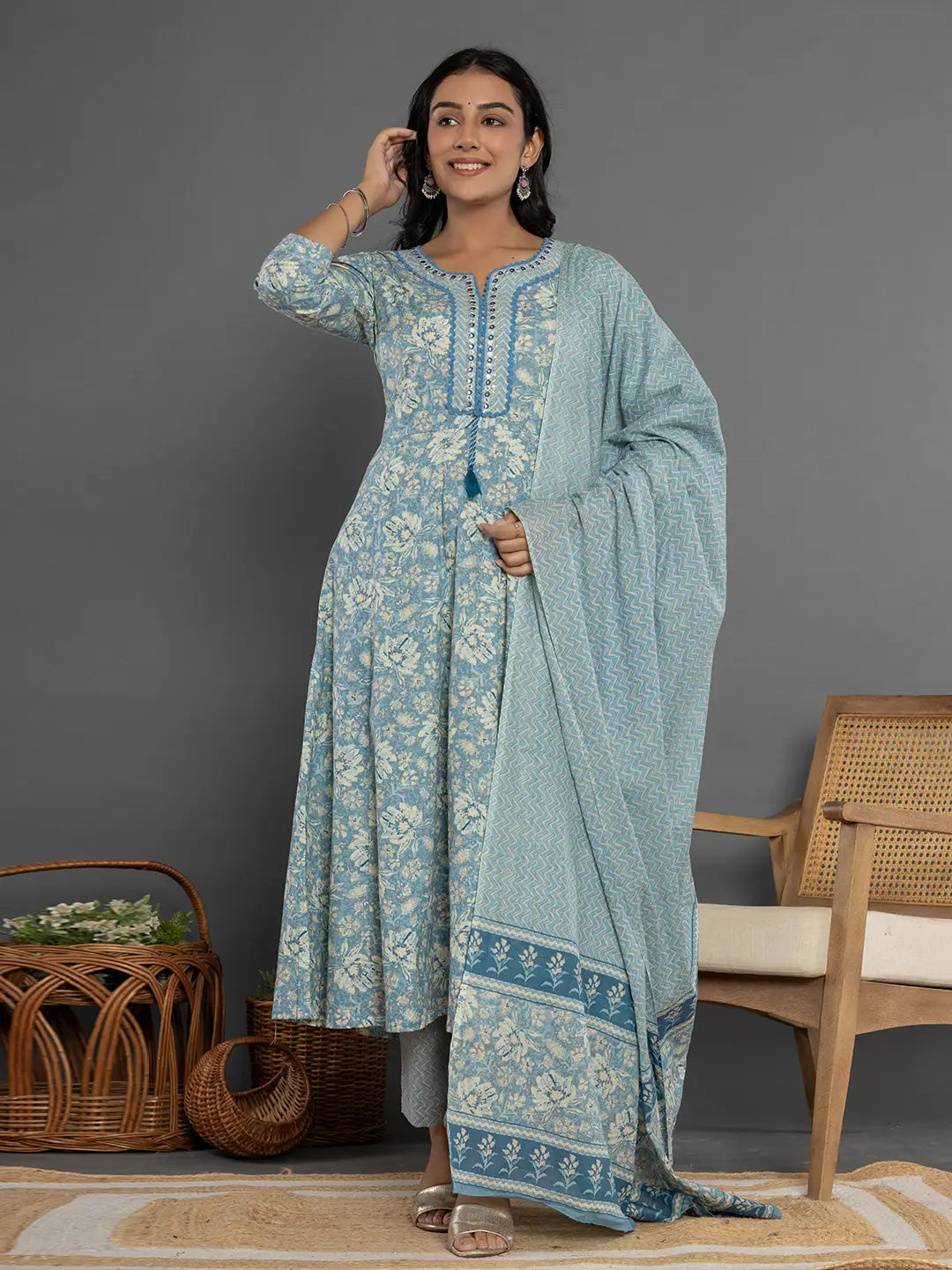Yufta Blue Mirror_Work Cotton Anarkali Kurta Duppta Set