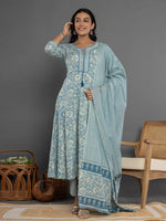 Thumbnail for Yufta Blue Mirror_Work Cotton Anarkali Kurta Duppta Set