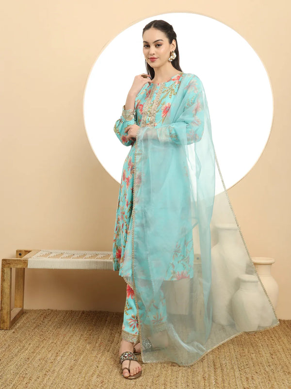 Yufta Blue Printed Silk Embroidered Kurta Dupatta Set