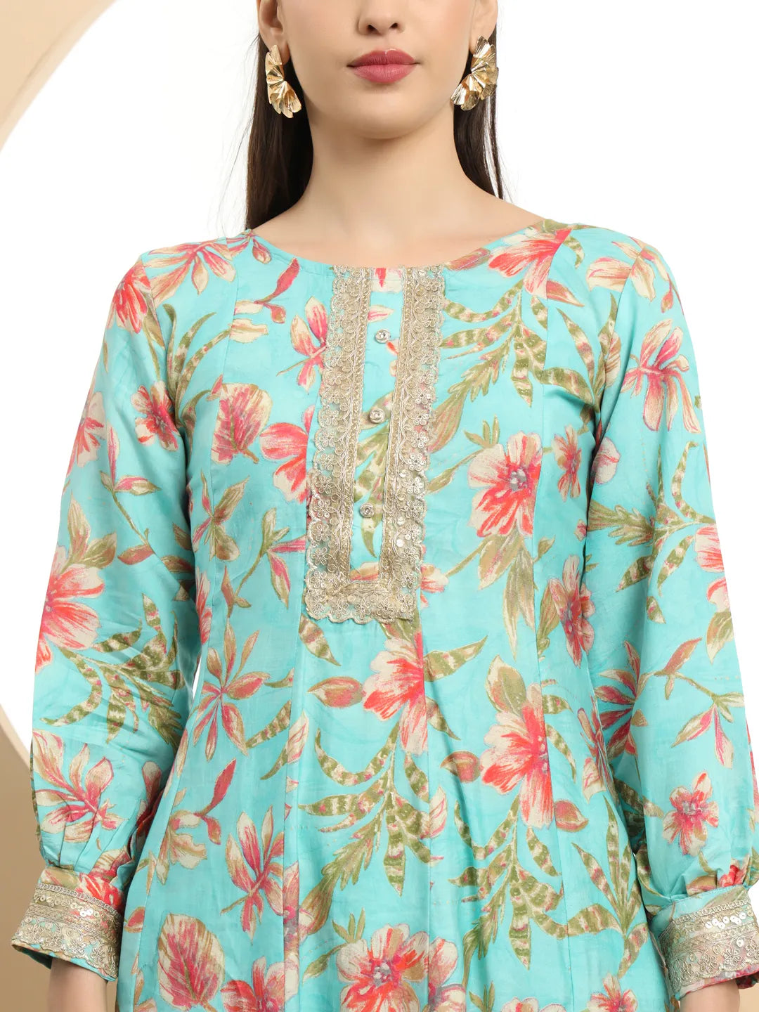 Yufta Blue Printed Silk Embroidered Kurta Dupatta Set