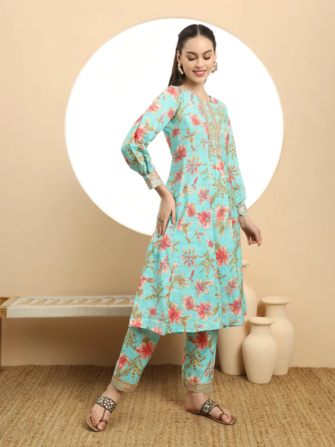 Yufta Blue Printed Silk Embroidered Kurta Dupatta Set