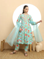 Thumbnail for Yufta Blue Printed Silk Embroidered Kurta Dupatta Set