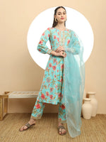 Thumbnail for Yufta Blue Printed Silk Embroidered Kurta Dupatta Set