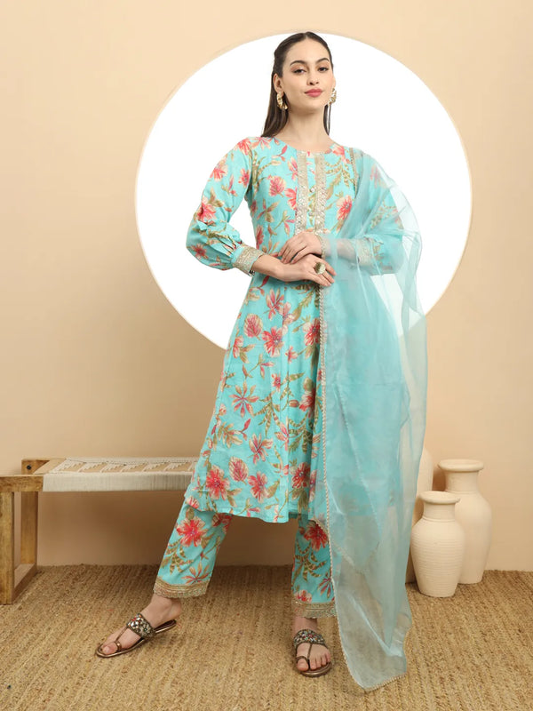 Yufta Blue Printed Silk Embroidered Kurta Dupatta Set