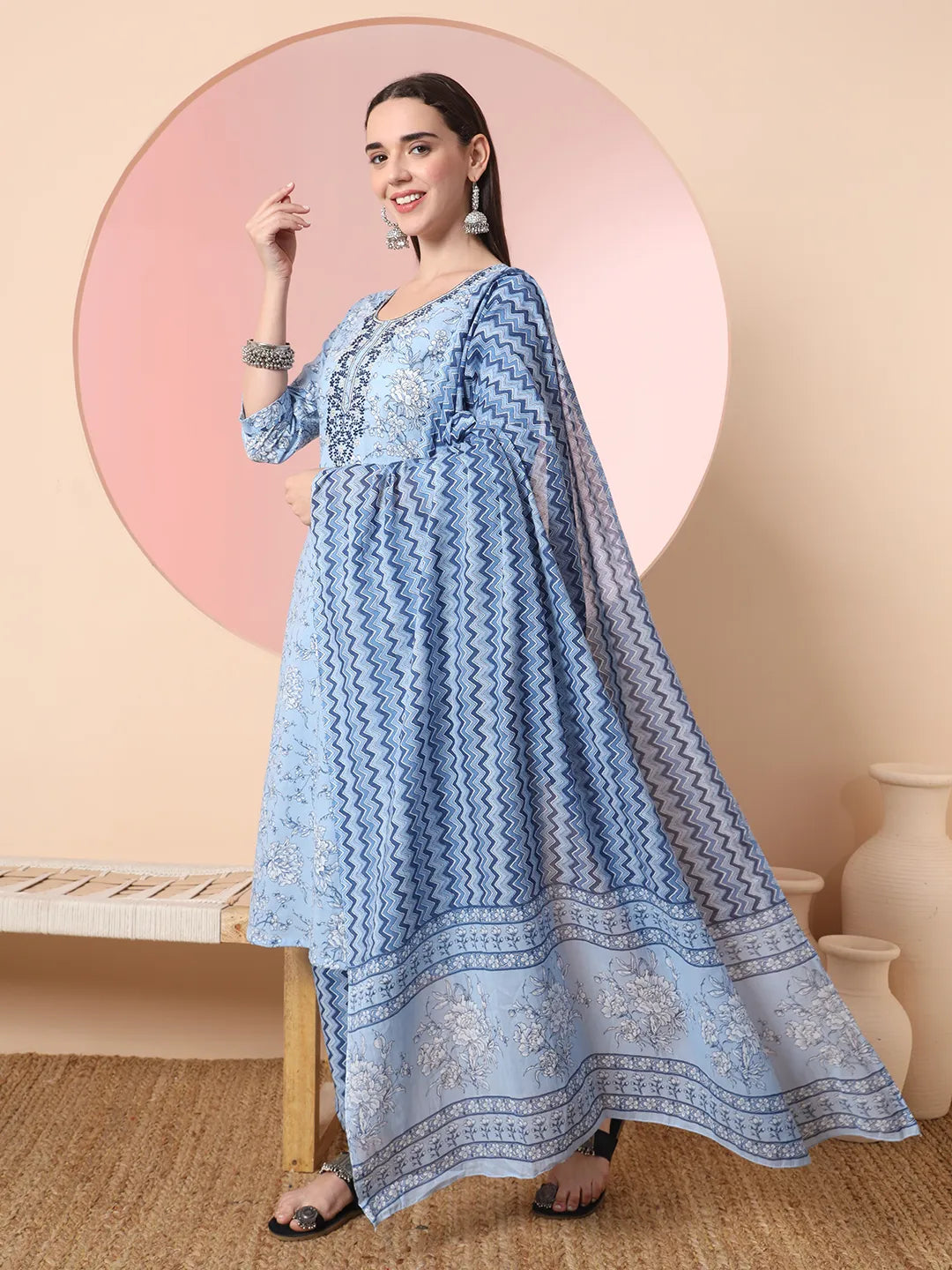 Yufta Blue Pure Cotton Embroidered Kurta Set With Pant & Dupatta - Distacart