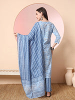 Thumbnail for Yufta Blue Pure Cotton Embroidered Kurta Set With Pant & Dupatta