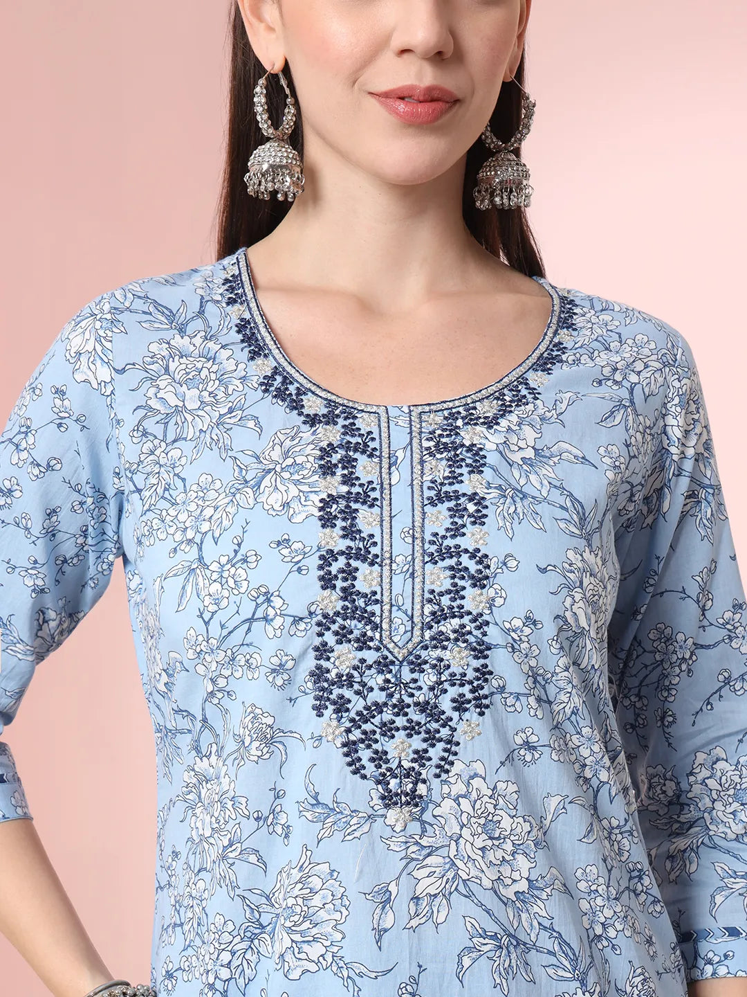 Yufta Blue Pure Cotton Embroidered Kurta Set With Pant & Dupatta