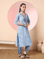 Thumbnail for Yufta Blue Pure Cotton Embroidered Kurta Set With Pant & Dupatta