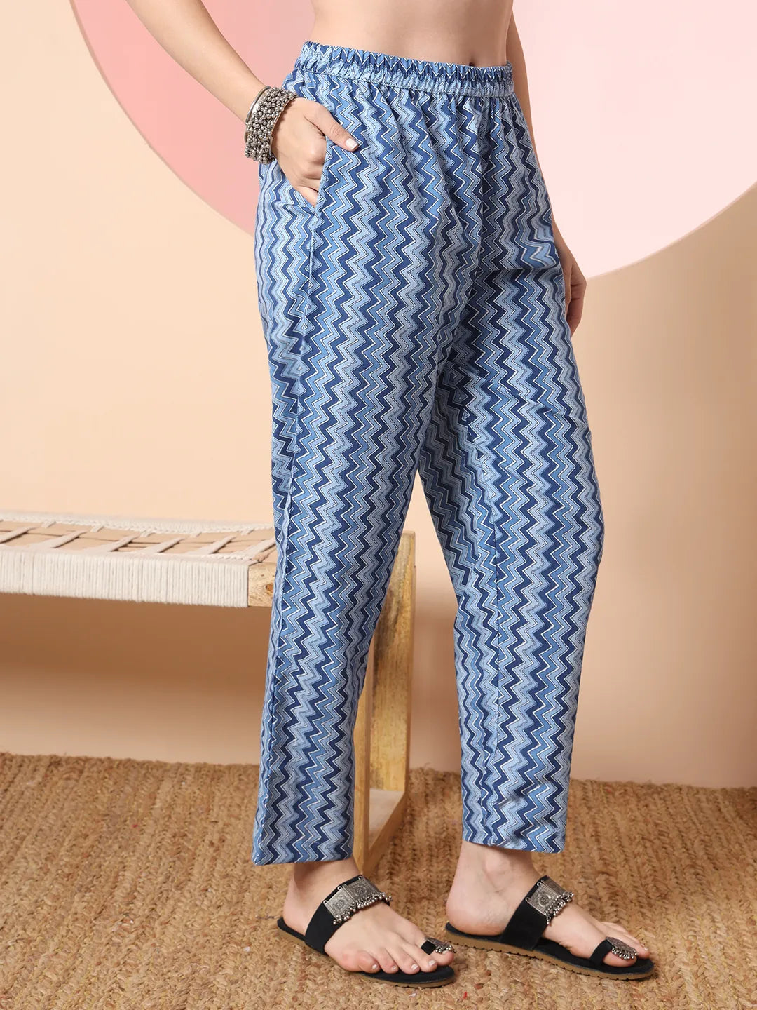 Yufta Blue Pure Cotton Embroidered Kurta Set With Pant & Dupatta