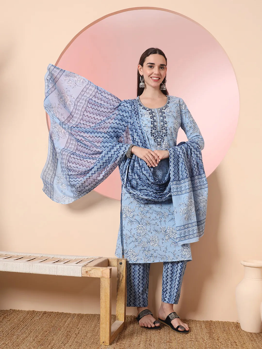 Yufta Blue Pure Cotton Embroidered Kurta Set With Pant & Dupatta